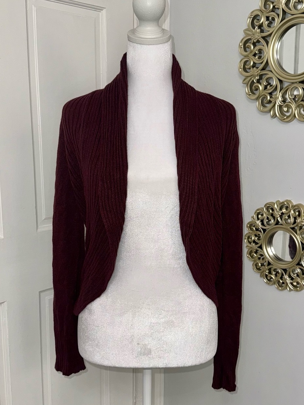 H&M Burgundy Ribbed Knit Open Front Cardigan Sweater Acrylic Shawl Collar XS